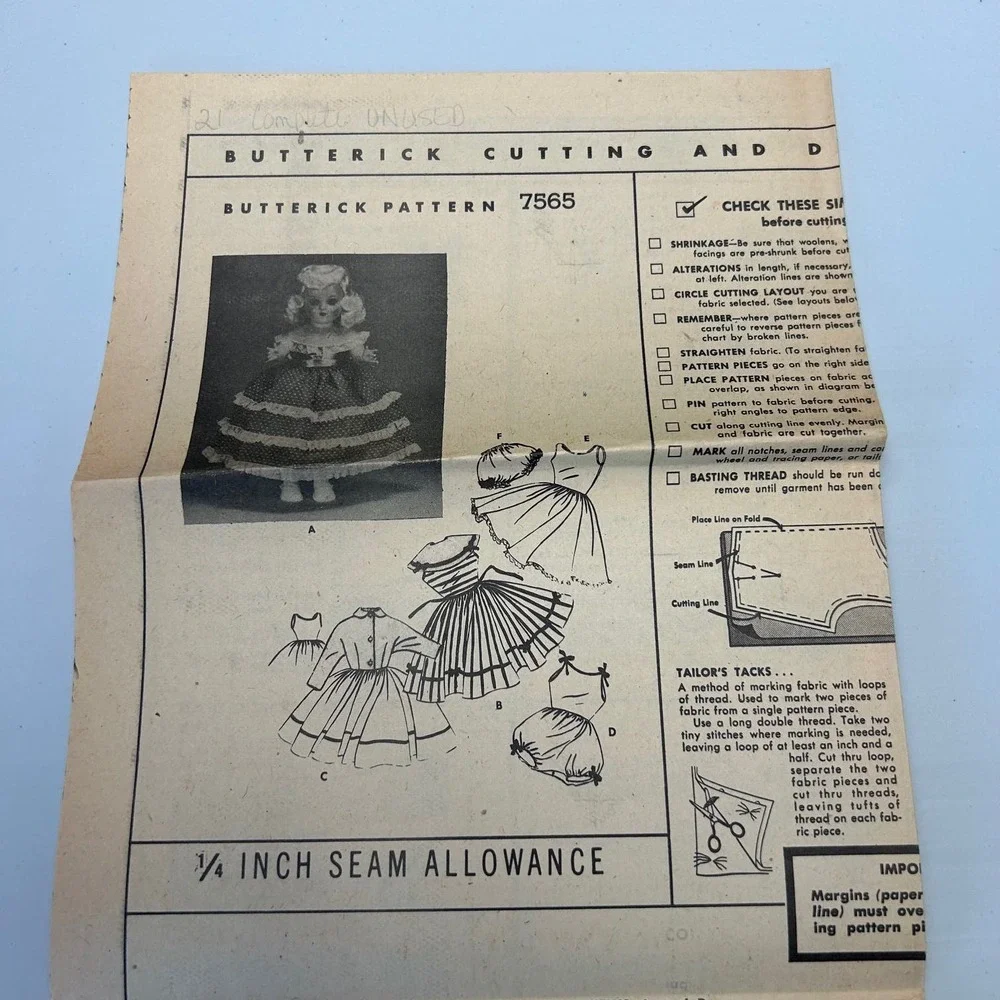 Butterick Vintage Mail‎ Order Pattern #7565 Doll Wardrobe 21